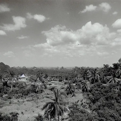 Prompt: establishing shot, vietnamese jungle with elderich horrors looming, 1 9 6 0 s photography