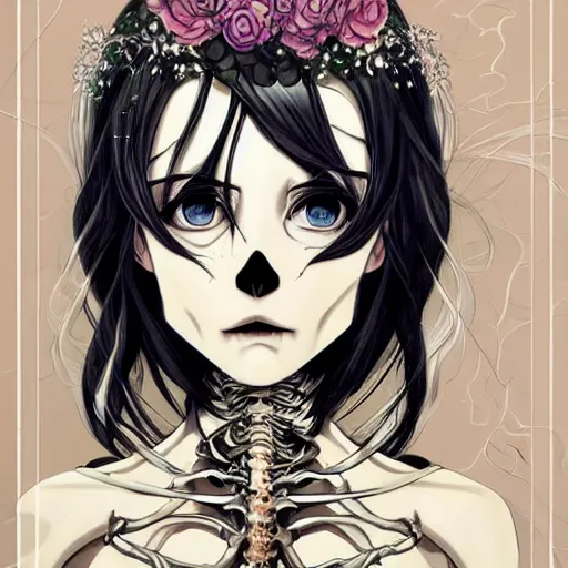 Prompt: anime manga skull portrait young woman bride skeleton, intricate, elegant, highly detailed, digital art, ffffound, art by JC Leyendecker and sachin teng