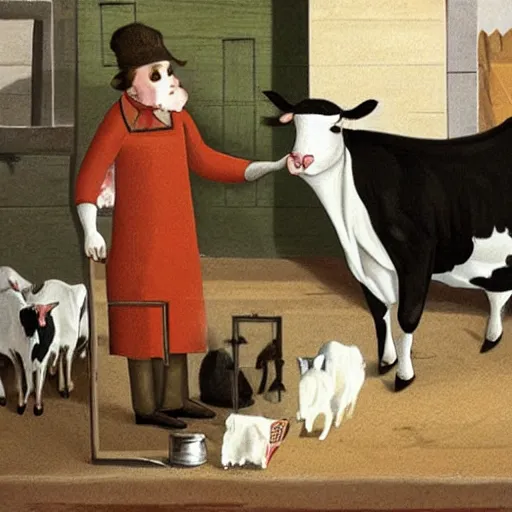 Image similar to butcher giving milk to a cat, while being watched by a cow