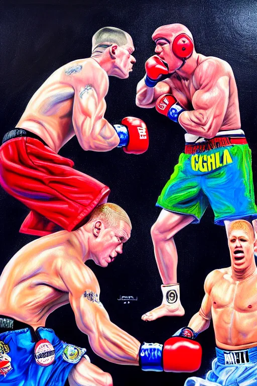 Image similar to john cena fight with eminem, battle rap, california, this painting contains only two people, so no need for any other body additions, sweat, cinematic, ultra realistic, photo epic of the year, hyper detail, complicated, baroque, fit proportions,