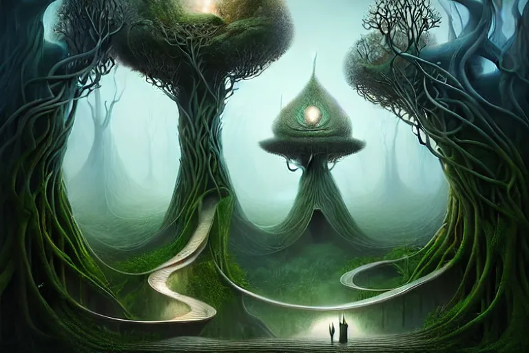 Image similar to an epic elegant mysterious beguiling masterpiece fantasy matte painting of an impossible path winding through forest dream worlds with surreal architecture designed by heironymous bosch, structures inspired by heironymous bosch's garden of earthly delights, surreal root interiors by cyril rolando and asher durand and natalie shau, insanely detailed, whimsical, intricate, sharp focus, elite