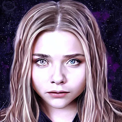 Image similar to “ chloe grace moretz portrait as a wizard from hogwarts, poster, digital drawing, realistic, sharp focus, magic, magic wand, spells, stars, creatures ”