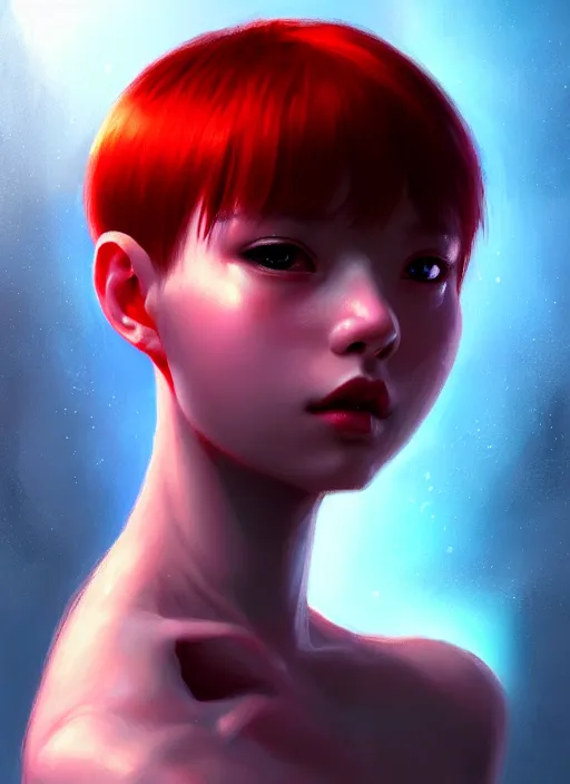 Image similar to portrait of alien girl kawaii, red short hair, jock, beefy, wide face, square jaw, square facial structure, intricate, elegant, glowing lights, highly detailed, digital painting, artstation, concept art, sharp focus, illustration, art by wlop, mars ravelo and greg rutkowski