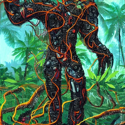 Image similar to a mutant cyborg in a tropical forest, connected to a tree by plant roots and electric cables, detailed, afro futurism painting