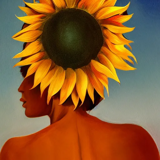 Image similar to closeup, giant sunflower head, woman standing in a luxury apartment, surreal, dramatic light, impressionist painting, digital painting, artstation, georgia o'keeffe