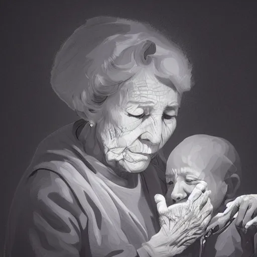 Prompt: very elderly woman feeding crayons to a child, in the style of james jean, noah bradley, 8 k, 3 d render, photorealistic, volumetric lighting caustics, black and white, detailed af