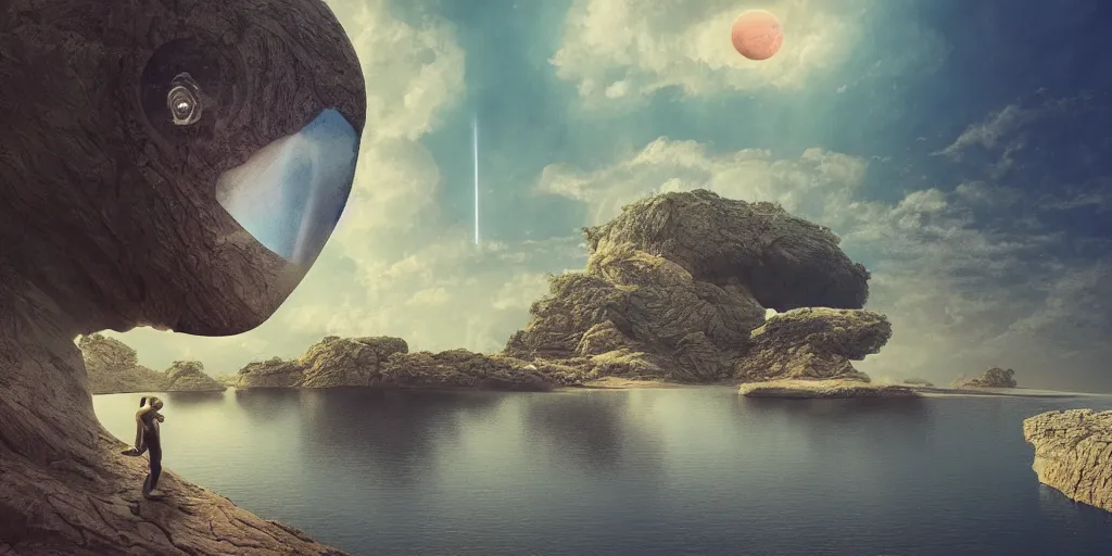 Image similar to artgem and Beeple masterpiece, hyperrealistic surrealism, wide angle vaporwave landscape in California, award winning masterpiece with incredible details, epic stunning, infinity pool, a surreal liminal space, highly detailed, trending on ArtStation, calming, meditative, surreal, sharp details, dreamscape, giant head statue ruins, astronaut, crystal clear water