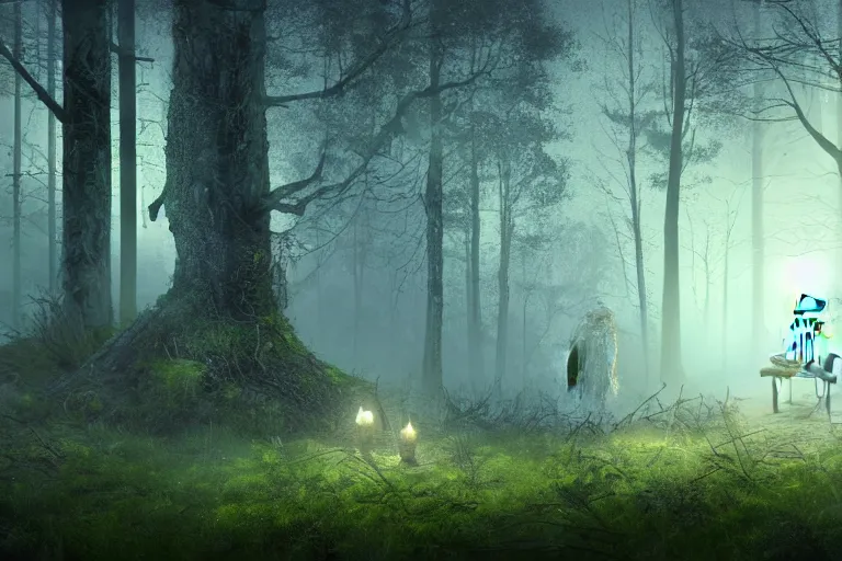 Image similar to a burning human skeleton sitting in foggy forest behind computer at moonlight night, overgrown with moss, dark atmosphere, dark fantasy, highly detailed