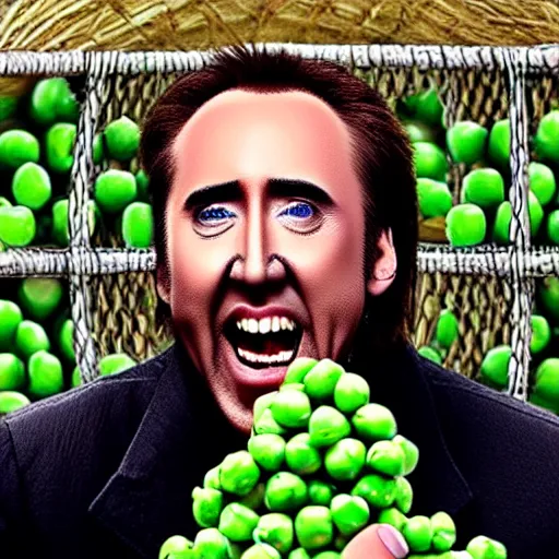 Prompt: nicolas cage trapped in a wicker cage with a mouth full of peas