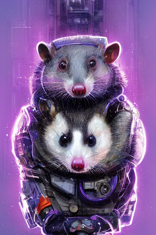 Image similar to a beautiful portrait of a cute cyberpunk opossum by sandra chevrier and greg rutkowski and wlop, purple blue color scheme, high key lighting, volumetric light, digital art, highly detailed, fine detail, intricate, ornate, complex, octane render, unreal engine, photorealistic