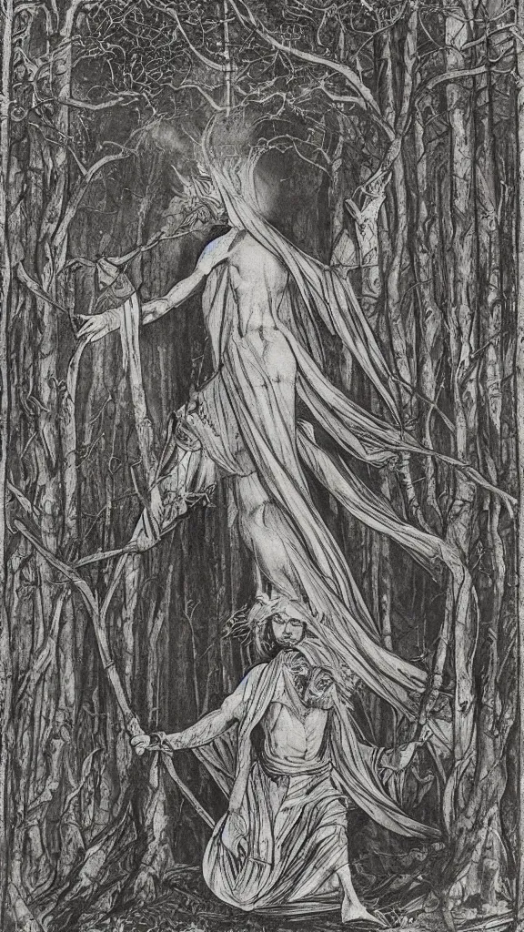 Prompt: mystical figure in occult robes in a dark misty forest opens a portal to hell, highly detailed, epic