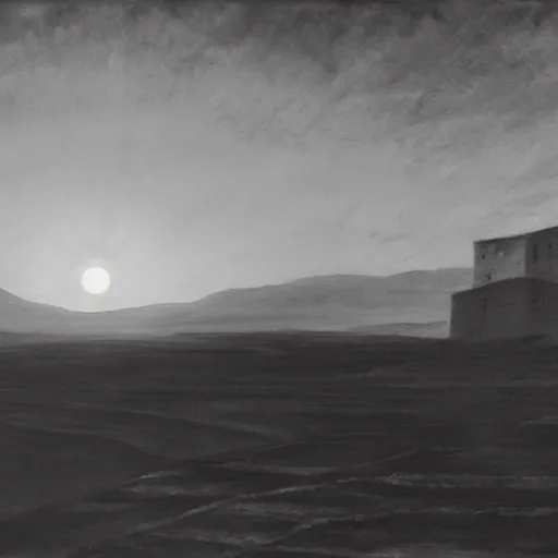 Image similar to A painting of the sun rising over a barren village. Dark Fantasy. Film Noir. Back and White. High Contrast.
