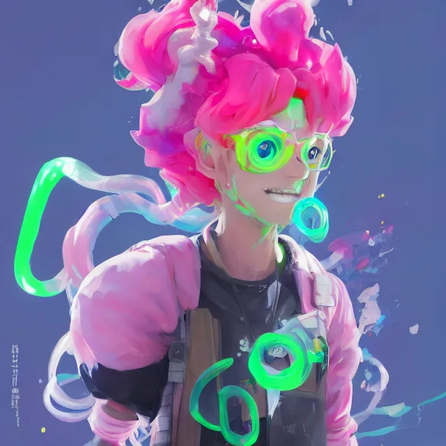 Image similar to a beautiful fullbody portrait of a cute splatoon anime boy with pink hairand green eyes. character design by cory loftis, fenghua zhong, ryohei hase, ismail inceoglu and ruan jia. artstation, volumetric light, detailed, photorealistic, fantasy, rendered in octane