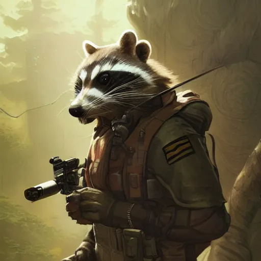 Prompt: racoon as Solid Snake, trending on artstation, ultra detailed, 8k, character illustration by Greg Rutkowski, Thomas Kinkade.