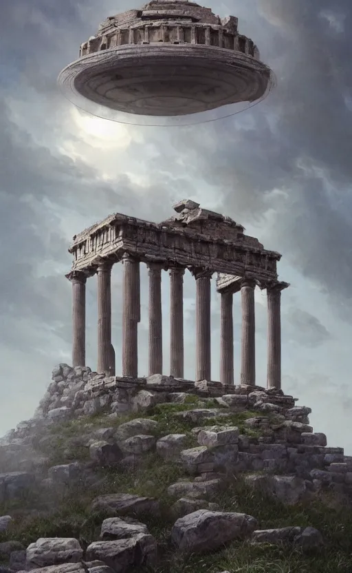 Prompt: roman temple ruin, ufo hovering over, soft grey and blue natural light, intricate, digital painting, artstation, concept art, smooth, sharp focus, illustration, art by greg rutkowski and luis rollo and uang guangjian and gil elvgren, symmetry!