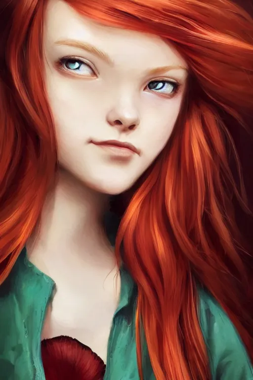 Image similar to beautiful cute red haired joyful and playful nineteen year old girl standing up in casual green clothing, long hair, modern city, rpg character, sci - fi, fantasy, intricate, elegant, digital painting, artstation, concept art, smooth, 8 k frostbite 3 engine, ultra detailed, art by artgerm and greg rutkowski and magali villeneuve