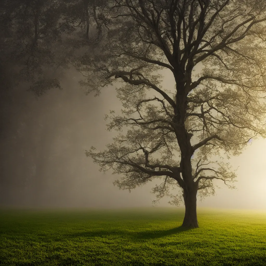 Image similar to A tree growing on a meadow partially covered with morning fog, with leaves divided in four seasons of the year, with tree hollow, with rope ladder, cinematic lighting, photo realistic image, 4K, super detailed, cinematic look