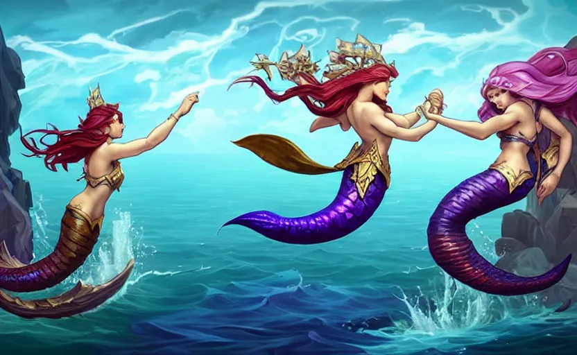 Image similar to looking up at two mermaids leaping from sea to fistbump in midair, whimsical, dungeons and dragons, league of legends splash art, heroes of the storm splash art, hearthstone splash art, world of warcraft splash art, overwatch splash art, art by artgerm, art by alphonse mucha, intricately detailed, highly detailed, trending on artstation,