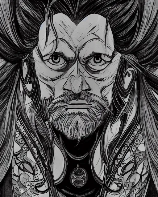 Image similar to An old man looking at a mirror, black and white, fantasy art, in the style of masami kurumada, illustration, epic, fantasy, intricate, hyper detailed, artstation, concept art, smooth, sharp focus, ray tracing