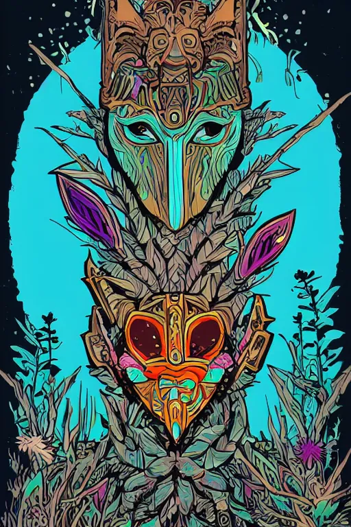 Image similar to animal mask totem roots flower tribal feather gemstone plant wood rock shaman vodoo video game vector cutout illustration vivid multicolor borderlands comics by josan gonzales and dan mumford radiating a glowing aura