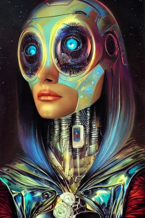 Prompt: portrait of raven, perfect future, iridescent color palette, art by karol bak, 1 9 7 0 s retro future robot android. muted colors