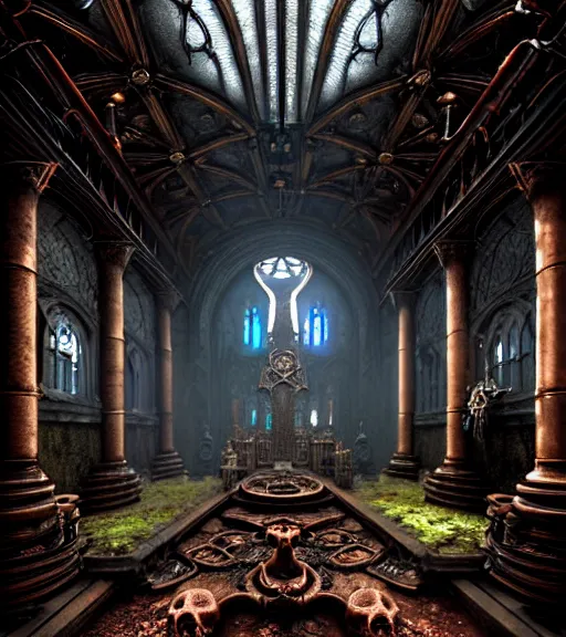 Image similar to steam necropolis, memento mori, gothic, neo - gothic, art nouveau, hyperdetailed copper patina medieval icon, stefan morrell, philippe druillet, ralph mcquarrie, concept art, steampunk, unreal engine, detailed intricate environment, octane render, moody atmospherics, volumetric lighting, ultrasharp, ominous, otherworldly