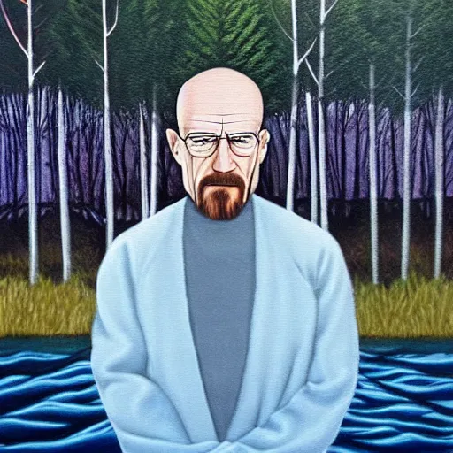 Image similar to an optical illusion painting of Walter white amidst a painting of trees water and sky