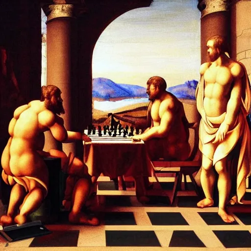 Prompt: a Nvidia robot with no other purpose in life than looking at a painting of gods playing chess under a crimson sky. Painted by Michelangelo. Hd. 4k. Arcane style