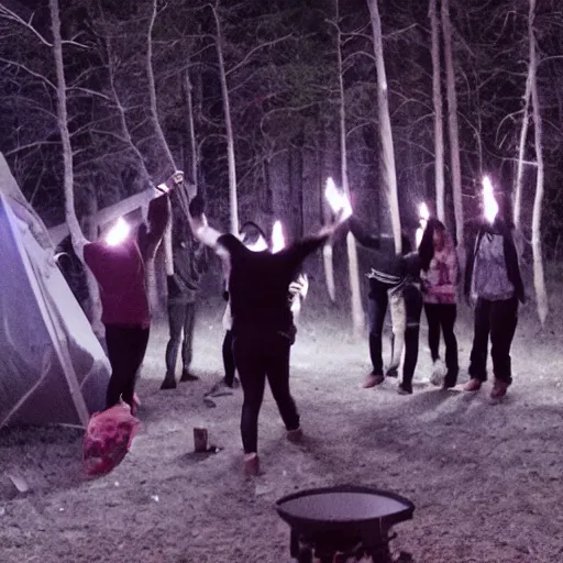 Prompt: a bunch of people throwing a party in the woods, night vision footage