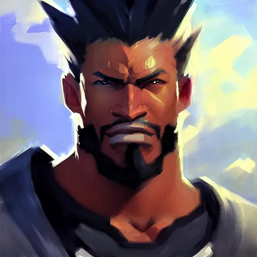 Image similar to Greg Manchess portrait painting of Barret Wallace from FFVII as Overwatch character, medium shot, asymmetrical, profile picture, Organic Painting, sunny day, Matte Painting, bold shapes, hard edges, street art, trending on artstation, by Huang Guangjian and Gil Elvgren and Sachin Teng