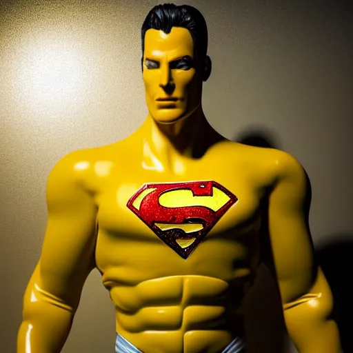 Prompt: still photo of a yellow superman, highly detailed, photorealistic portrait, bright studio setting, studio lighting, crisp quality and light reflections, unreal engine 5 quality render