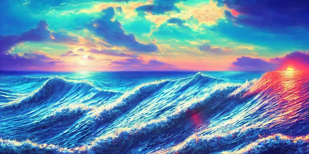 Prompt: If our mouths where filled of praise like the sea, and our tongues joy like it’s manny waves we could never reach Your praise, surrealism, musical notes, beautiful sea landscapes, Very colorful painting 8k trending on art station, Intricate details, very realistic, cinematic lighting, volumetric lighting,