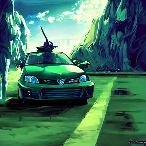 Image similar to blue knight in a green hatchback car, close up, anime, desert landscape, greg manchess, akehiko inoue and ross tran, Pyromallis Nekro Rene Margitte