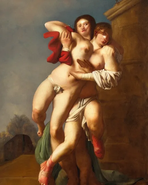 Image similar to a painting of a man holding a woman in his arms by heinrich lossow, trending on deviantart, transgressive art, flemish baroque, furaffinity, renaissance painting