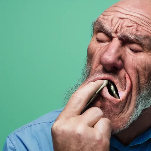 Image similar to national geographic photo of angry old man vomiting audio cables out his mouth