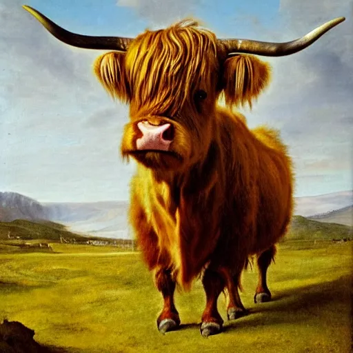 Image similar to oil portrait painting by hans holbein the elder of a highland cow.