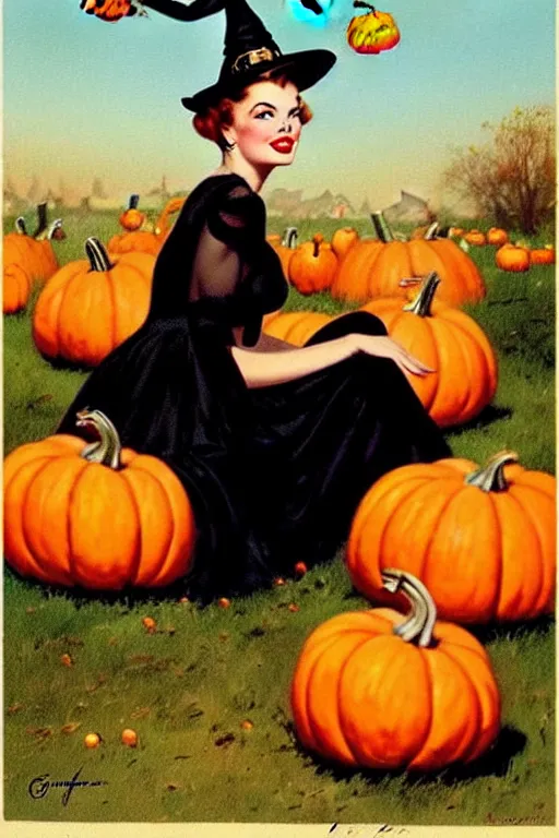 Prompt: a beautiful witch sitting near several pumpkins by gil elvgren, halloween, cute spooky aesthetic, vintage glamour, highly detailed oil painting, vintage postcard, 1 9 5 0 s art print