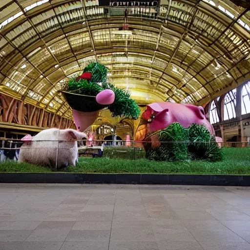 Prompt: a grassy pig eating berries in Central Station concourse in Sydney