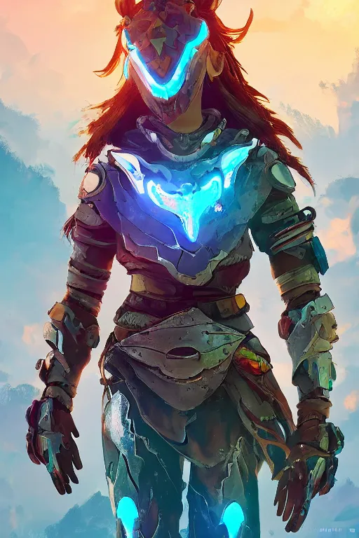 Image similar to combination suit armor aloy horizon forbidden west horizon zero dawn radiating a glowing aura global illumination ray tracing hdr fanart arstation by ian pesty and alena aenami artworks in 4 k tribal robot ninja mask helmet backpack