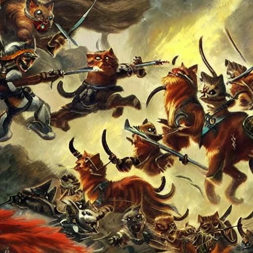 Image similar to cat warriors charging into battle fantasy painting heroic bearing by the best cat artist ever