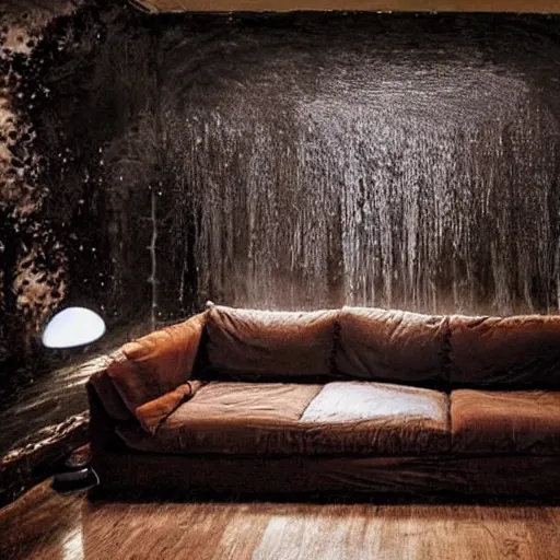 Image similar to a room with a single couch, the room is filled halfway full with water, liminal space, dark, hyper realistic, highly detailed.