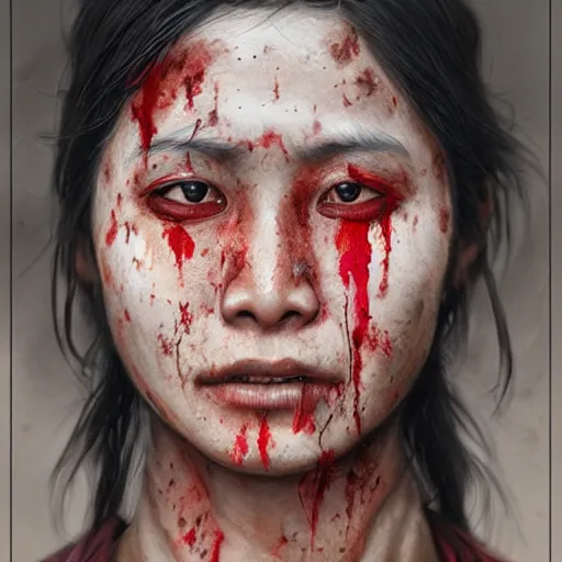 Image similar to portrait painting of a bloodied nepali female butcher, ultra realistic, concept art, intricate details, eerie, highly detailed, photorealistic, octane render, 8 k, unreal engine. art by artgerm and greg rutkowski and alphonse mucha