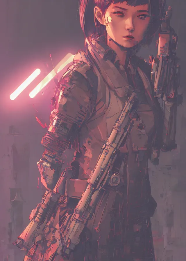 Image similar to very detailed, prophet graphic novel, ilya kuvshinov, rutkowski, simon roy, james jean, portrait illustration of a cyberpunk military woman, colorful, cinematic composition, ray tracing, hyperrealism, photorealistic