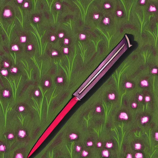 Prompt: A katana with an emerald blade lying in a field of flowers at night