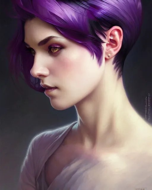 Image similar to fantasy portrait, pixie undercut hairstyle, black to purple fade hair color, intricate, elegant, sharp focus, illustration, highly detailed, digital painting, concept art, matte, art by WLOP and Artgerm and Greg Rutkowski and Alphonse Mucha, masterpiece