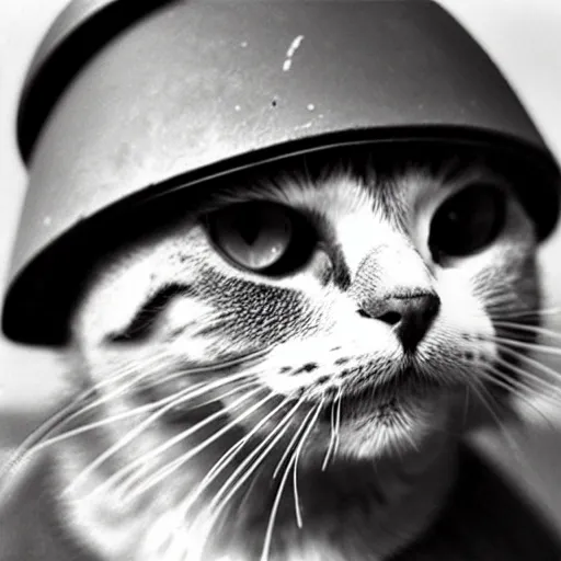 Image similar to Close up of a cat wearing soldier helmet in the battle, ww2 historical photography, black & white