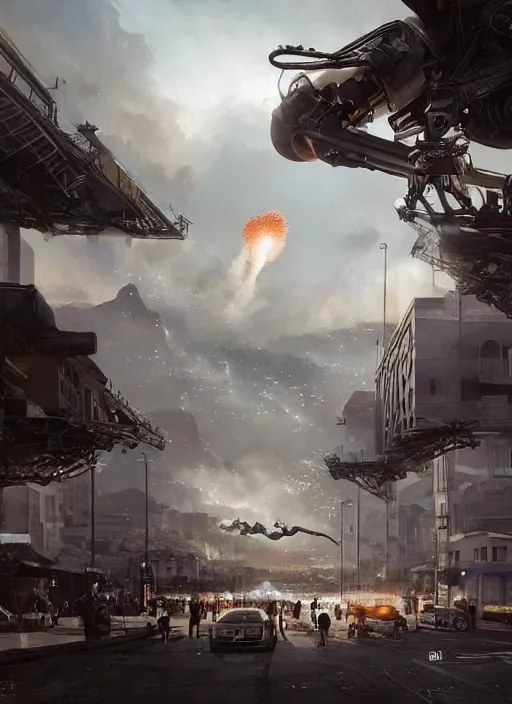 Image similar to hyper realistic squid shaped robot attacking cape town city, table mountain explosions, atmospheric beautiful details, strong composition drawn in ink by kim jung giu weta studio rutkowski, james gurney and greg rutkowski, and lucasfilm