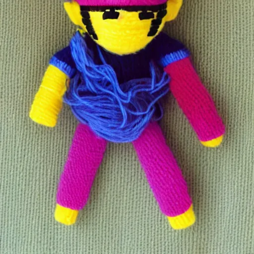 Image similar to a doll of wario made out of yarn