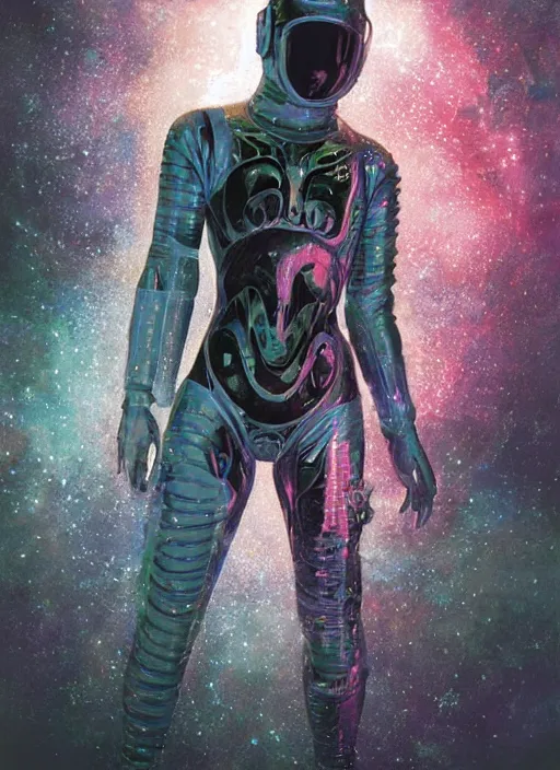 Image similar to girls astronaut in dark void underwater - complex and hyperdetailed technical suit design. reflection and dispersion materials. rays and dispersion of light. volumetric light. f / 3 2. noise film photo. flash photography. ultra realistic, 5 0 mm. poster by wayne barlowe, hajime sorayama aaron horkey, craig mullins