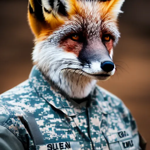 Image similar to Closeup of Fox dressed in a modern American soldier uniform, 85mm f/1.4